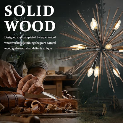 Black Wood Sputnik Chandeliers 12 Light Starburst Chandelier Light Fixture Solid Wood Farmhouse Satellite Light Fixture for Dining Room Bathroom Entryway Kitchen Island Bedroom 24in