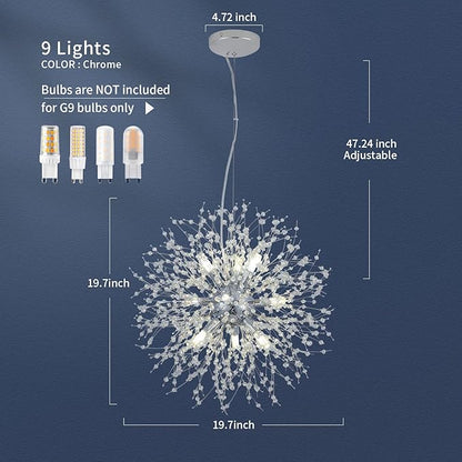 Modern Crystal Chandeliers Firework, 9-Light Chrome Dandelion Sputnik Ceiling Light Fixtures, Sputnik Chandelier Pendant Light for Bedroom Living Room Dining Room Kitchen Island Hallway