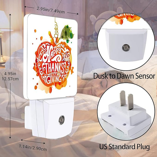 Happy Thanksgiving Night Light, Watercolor Pumpkin Plug into Wall with Dusk to Dawn Light Sensors, Warm Nightlights for Bedroom, Bathroom, Hallway, Kitchen, Gifts Ideal for Women Men