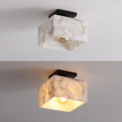 JONATHAN Y 8" White Marbling/Black Modern 1-Light Semi Flush Mount Ceiling Light for Bedroom, Cube White Alabaster Marble Shade, Mid-Century Minimalist Fixture, LED Bulb Included (JYL1203B)