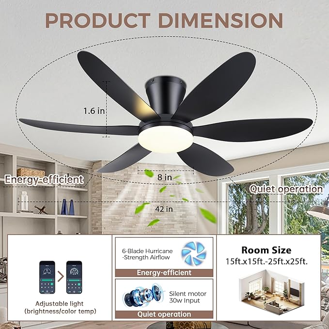 GJeg Ceiling Fans with Lights,42" Low Profile Ceiling Fan with Light and Remote Control,Flush Mount, Reversible, Dimmable, Noiseless, Black Ceiling Fan for Bedroom