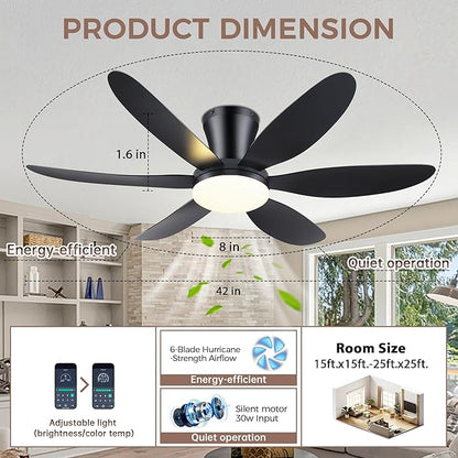 GJeg Ceiling Fans with Lights,42" Low Profile Ceiling Fan with Light and Remote Control,Flush Mount, Reversible, Dimmable, Noiseless, Black Ceiling Fan for Bedroom