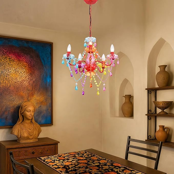 Colorful Small Crystal Chandelier for Girls Bedroom, 5-Light Acrylic Chandelier Lighting Fixture, Kids Room Nursery Ceiling Light for Closet, Playroom, Bathroom, Entryway