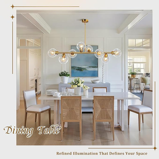 50" Gold Modern Sputnik Chandeliers, Open Clear Glass Globe Linear Chandeliers for Dining Room, 8-Light Luxury Dining Room Light Linear Kitchen Island Lights Large Long Chandelier, Electroplated Brass