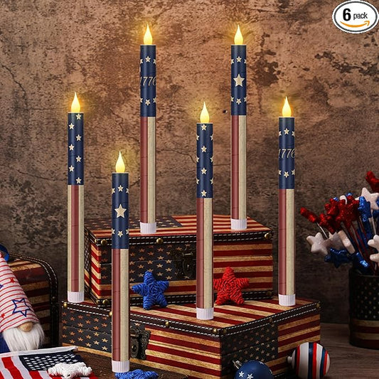 Honoson 6 Pcs USA Patriotic Flameless Taper Candles 250th Anniversary 10.6 Inch Memorial Day Red White and Blue Candles Battery Operated LED Candlesticks for 4th of July Table Home Party Decoration