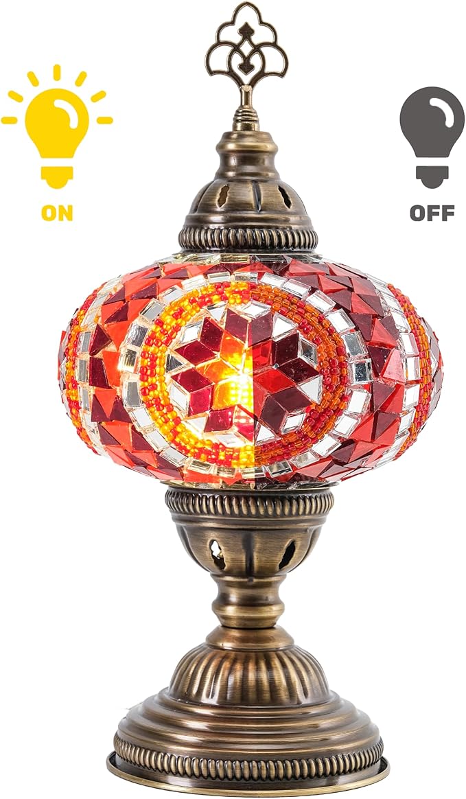 Turkish Mosaic Desk Lamp with Bulb – Orange Red Tiffany-Style Glass, Vintage Bohemian Bedside & Salon Decorative Light with E12 Socket & US Plug