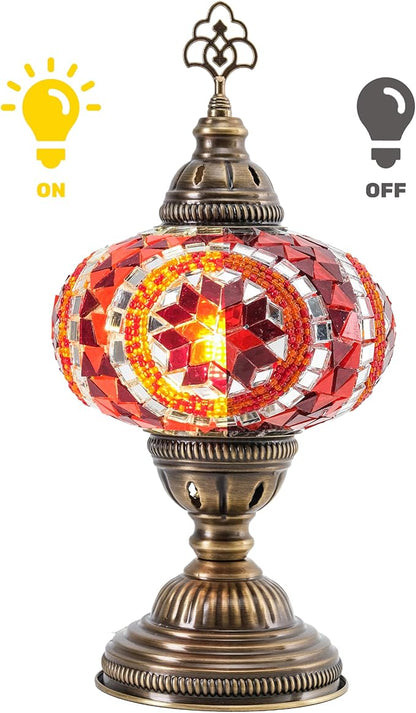 Turkish Mosaic Desk Lamp with Bulb – Orange Red Tiffany-Style Glass, Vintage Bohemian Bedside & Salon Decorative Light with E12 Socket & US Plug