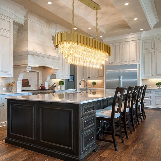 40'' L Modern Crystal Chandeliers for Dining Room 10 Lights Gold Chandelier Large Luxury Rectangular Crystal Chandelier Pendant Light Fixture, Kitchen Island,Entryway,Living Room
