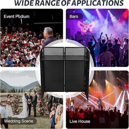 Portable DJ Booth Table Station 44"x42.2"x20.6", Foldable Metal Frame DJ Facade with Black & White Scrims, Detachable 40"x20" DJ Table, Adjustable Height, Carry Bag for Show, Party, Wedding, Events