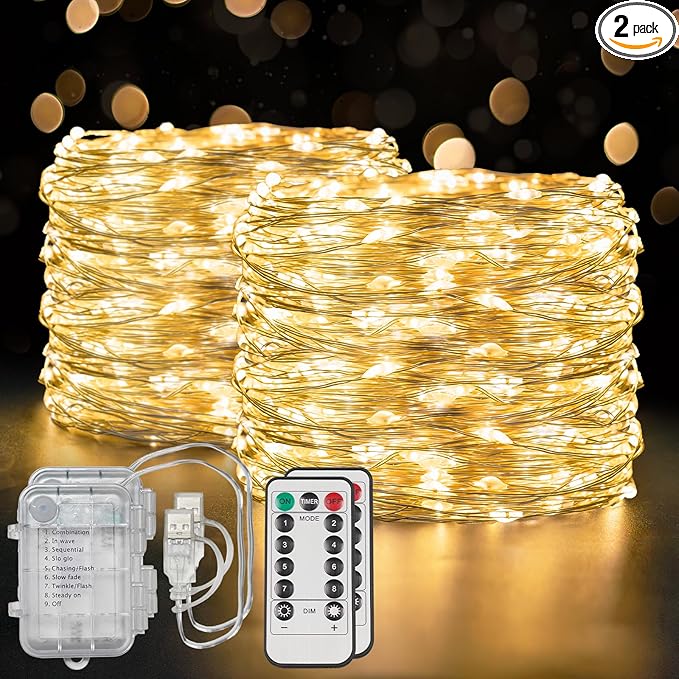 suddus Flexible Copper String Lights, Fairy Lights Warm White, 2Pack Total 132ft 400 LED Battery Operated/USB Twinkle Lights for Bedroom, Dorm Decor