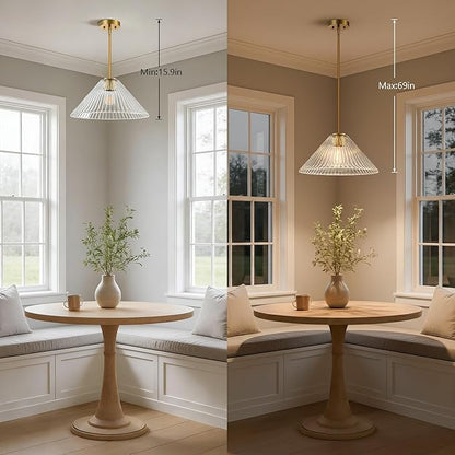 15.7 Inch Modern Pendant Lights, Ribbed Clear Glass 1-Light Single Pendant Lighting Fixtures, Cone Minimalist Ceiling Hanging Light for Kitchen Island Dining Room Over Sink Table Hallway