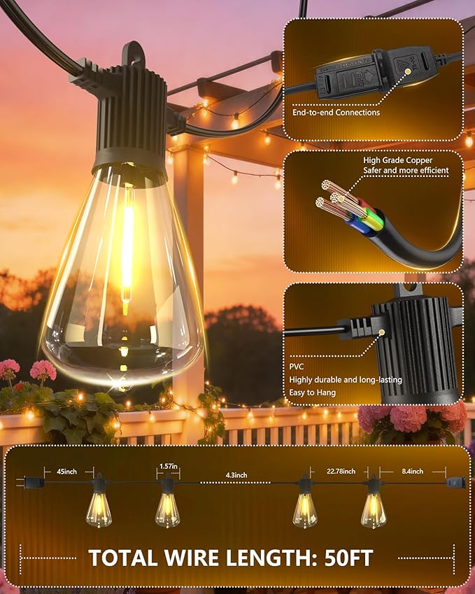 LED Outdoor String Lights 50FT, Waterproof Patio Lights with 27 (25+2 Spare ST38 Shatterproof Replaceable Bulbs), Connectable Dimmable Outside Hanging Light for Porch Garden Deck Bistro Backyard