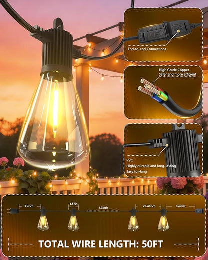 LED Outdoor String Lights 50FT, Waterproof Patio Lights with 27 (25+2 Spare ST38 Shatterproof Replaceable Bulbs), Connectable Dimmable Outside Hanging Light for Porch Garden Deck Bistro Backyard