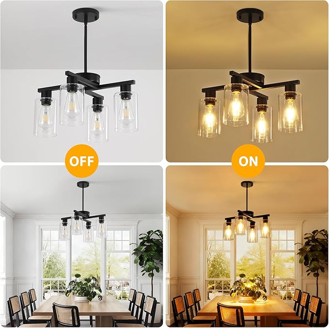 4-Light Black Modern Farmhouse Chandelier, Adjustable Height Pendant Lighting for Kitchen Island & Dining Room, Industrial Hanging Fixture with Clear Glass Shade for Entryway Foyer Bedroom