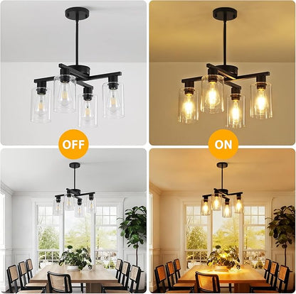 4-Light Black Modern Farmhouse Chandelier, Adjustable Height Pendant Lighting for Kitchen Island & Dining Room, Industrial Hanging Fixture with Clear Glass Shade for Entryway Foyer Bedroom