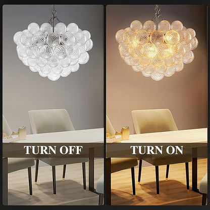 Hand Blown Glass Bubble Ball Chandelier Nickel-Plated 24" Pendant Lights Art Deco Cluster Ribbed Glass Swirled Globe Lighting for Dining Room Table Bar Bedroom Bathroom Entryway