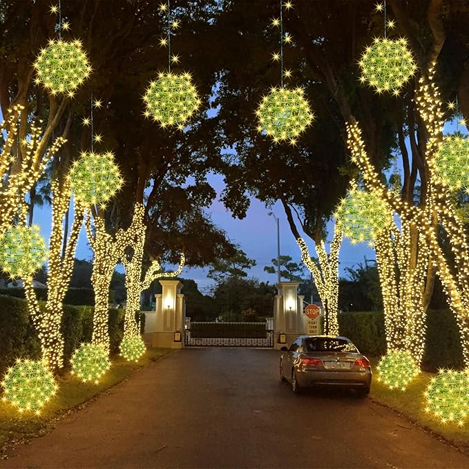 Baung Christmas String Lights Outdoors,4 Pack 7.98" Sphere Ball Tree Garden Globe Lights for Home, Party, Christmas, Porch Patio,Wedding, Garden,Tree Decoration with Memory Function Plug