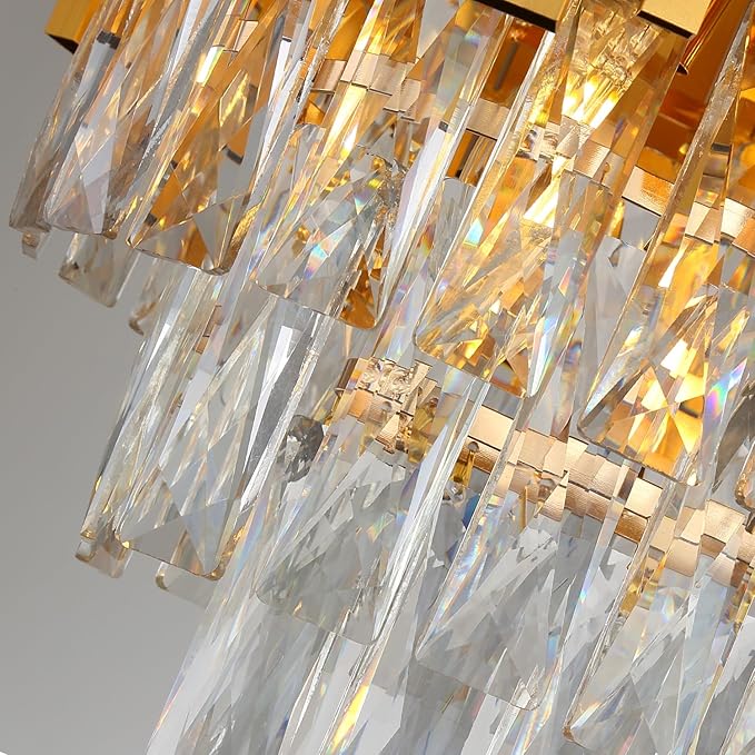 32" Modern Rectangle Crystal Chandelier for Dining Room, 8-Light Gold Crystal Raindrop Chandeliers, Adjustable Height Chandelier for Staircase, Living Room, Foyer