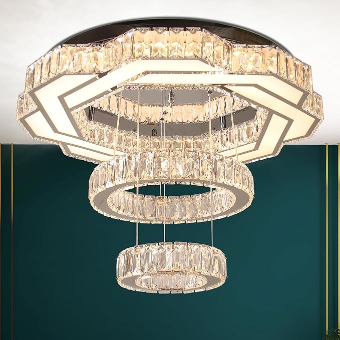 22.5" Crystal Chandeliers Modern Living Room Chandelier LED Crystal Ceiling Light 2 Rings Pendant Light Flush Mount Chandelier for Bedroom Dining Room Entryway Warm