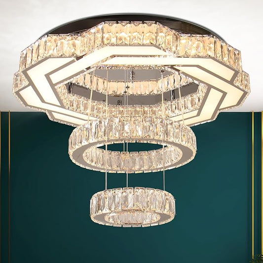 22.5" Crystal Chandeliers Modern Living Room Chandelier LED Crystal Ceiling Light 2 Rings Pendant Light Flush Mount Chandelier for Bedroom Dining Room Entryway Warm