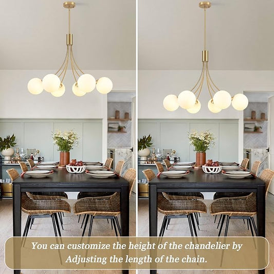 31.5" Modern Mid-Century Gold Sputnik Chandelier - 6-Light Adjustable Hanging Fixture with Milk White Glass Shades for Dining Room, Kitchen Island, Living Room, Bedroom, Foyer Lighting