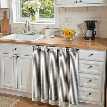 jinchan Double Layer Striped Linen Kitchen Tier Curtain Rustic Cafe for Living Room Bathroom Half Window Curtain Light Filtering Rod Pocket 1 Panel 24 Inch Charcoal Grey