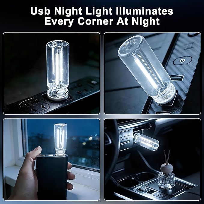 2 Packs USB Light for Car, Touch Dimmable Car Interior Ambient Lights - Portable Mini USB LED Light Bulb, Retro Glass Bottle Night Light for Vehicle, Bedroom, Hallway, Camping (White)