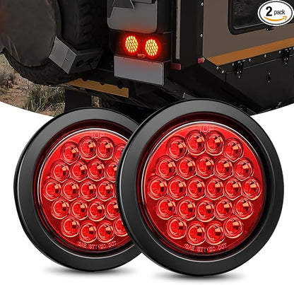 Nilight 4Inch Round Trailer Tail Light 2PCS 24LED Red Stop Brake Turn Marker Lights w/Flush Mount Grommets Plugs IP67 Waterproof for 12V Truck Bus RV Camper ATV UTV