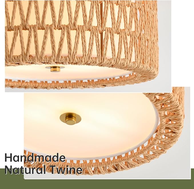 Boho Ceiling Light Fixtures 12.6" Flush Mount Ceiling Light, Hand-Woven Rattan Light Fixture for Bedroom Close to Ceiling Light Modern Ceiling Light for Foyer Hallway Entryway Kids Room