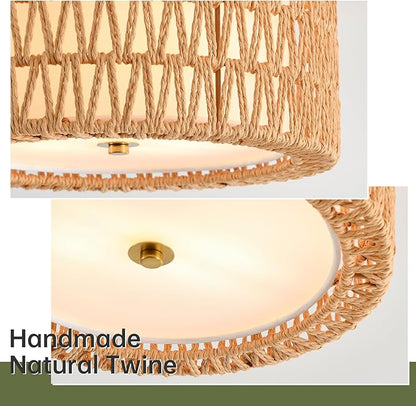 Boho Ceiling Light Fixtures 12.6" Flush Mount Ceiling Light, Hand-Woven Rattan Light Fixture for Bedroom Close to Ceiling Light Modern Ceiling Light for Foyer Hallway Entryway Kids Room