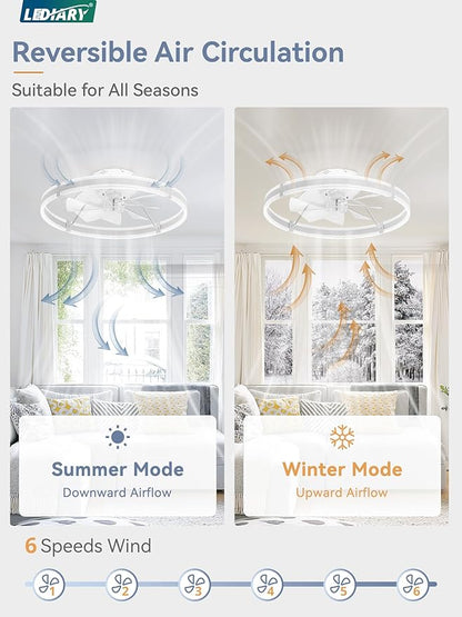 LEDIARY Ceiling Fans with Lights and Remote, 24'' Low Profile Ceiling Fan with Light, 3000-6000K Dimmable Fandelier Ceiling Fans, Modern Flush Mount Fan Light for Bedroom with 6 Wind Speeds- White
