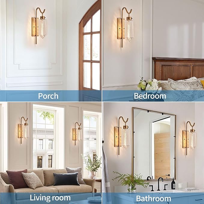 Farmhouse Wall Sconces,Vintage Gold Metal Wall Mount Light Lantern with Glass Shade & E26 Socket,Indoor Wall Lamp,for Living Room, Bedroom, Bathroom, Hallway (Vintage Gold -1-Light)