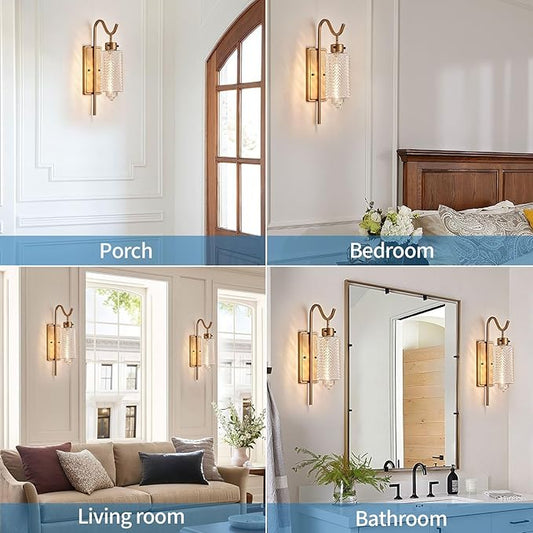 Farmhouse Wall Sconces,Vintage Gold Metal Wall Mount Light Lantern with Glass Shade & E26 Socket,Indoor Wall Lamp,for Living Room, Bedroom, Bathroom, Hallway (Vintage Gold -1-Light)