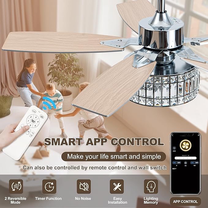 Chandelier Ceiling Fans with Lights and Remote,Caged Ceiling Fan with Light,App 5 Blades E26 Fandelier Ceiling Fans with Lights,Crystal Ceiling Fan for Bedroom,Living Room. (Nickel, 52 Inch)