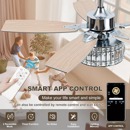 Chandelier Ceiling Fans with Lights and Remote,Caged Ceiling Fan with Light,App 5 Blades E26 Fandelier Ceiling Fans with Lights,Crystal Ceiling Fan for Bedroom,Living Room. (Nickel, 42 Inch)