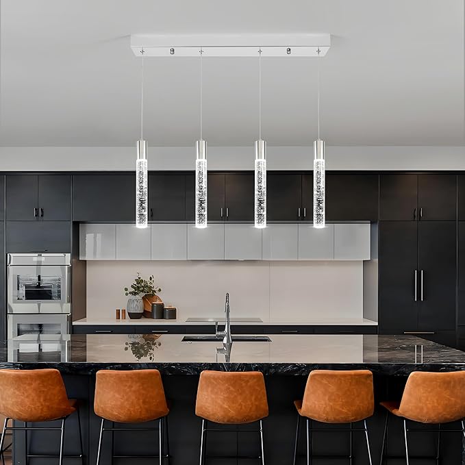 4 Light Pendant Lights Kitchen Island, Modern Chrome Crystal Pendants with Dimmable 3000K-6000K LED Ceiling Hanging Light Fixture for Dining Room Bedroom, Adjustable Height 59"