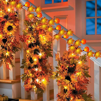 13.6Ft Fall Decor Maples Leaf Pumpkin String Lights, Hanging Outdoor Thanksgiving Decorations Lights with 25 Maple Leaves Light and 10 Pumpkin Lights for Thanksgiving Harvest Halloween Porch Window
