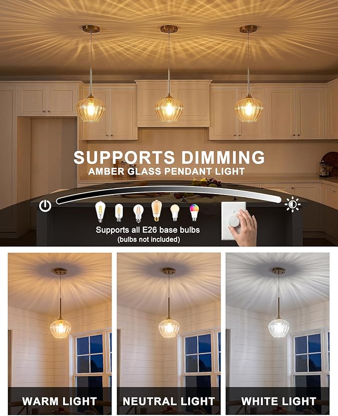 2-Pack Glass Pendant Lights Kitchen Island, 7" Modern Gold Pendant Lighting Adjustable Hanging Light Fixtures for Kitchen, Dining Room, Bathroom, Bedroom