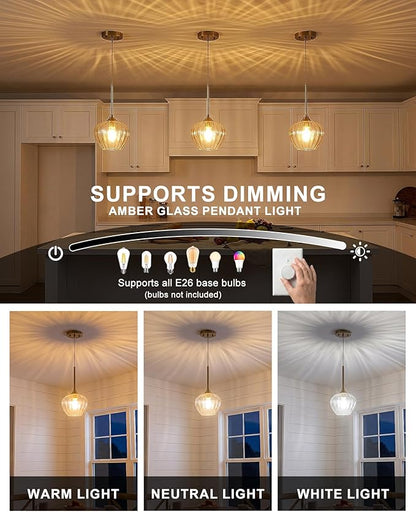 2-Pack Glass Pendant Lights Kitchen Island, 7" Modern Gold Pendant Lighting Adjustable Hanging Light Fixtures for Kitchen, Dining Room, Bathroom, Bedroom