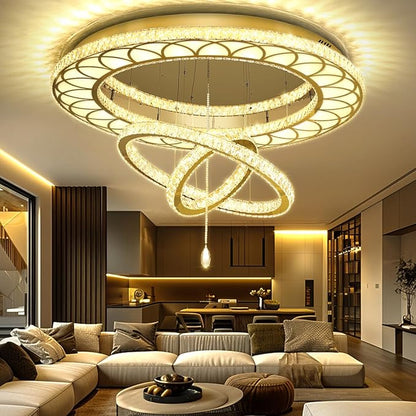 Flashing God Extra Large Chandelier Dia 55" Gold Chandeliers Flush Mount Chandelier for Living Room Bedroom Dining Room Hallway Dimmable 3 Rings Ceiling Chandeliers