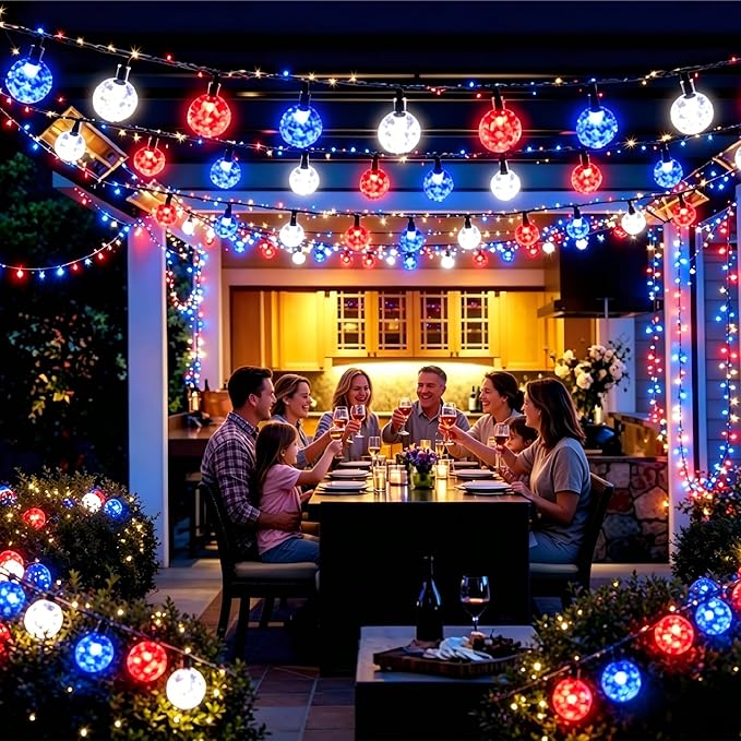 Joomer 4th of July Red White Blue Solar String Lights,39FT 60LED Waterproof with 8 Lighting Modes Patio Lights for Independence Day Garden Yard Gazebo Party