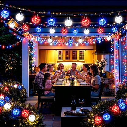 Joomer 4th of July Red White Blue Solar String Lights,39FT 60LED Waterproof with 8 Lighting Modes Patio Lights for Independence Day Garden Yard Gazebo Party
