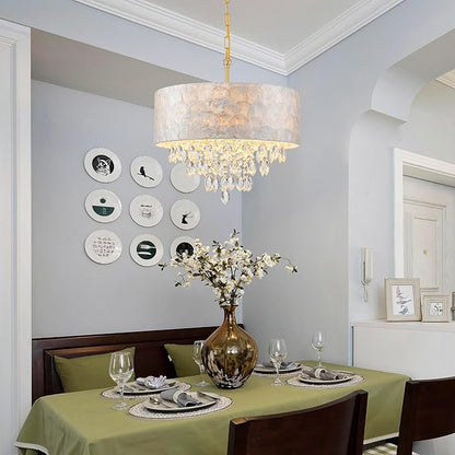 4-Light Drum Capiz Shell K9 Crystal Chandelier, Coastal Style Pendant Light Fixture for Dining Room, Living Room, D17.7 x H21~68 inch (Adjustable), Clear Crystal & Brass Finish