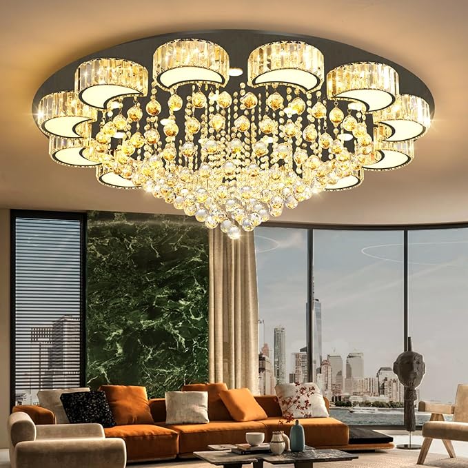47" Black Modern Crystal Chandeliers for Dining Room LED Dimmable Light Fixtures Flush Mount Light Living Room Bedrooms