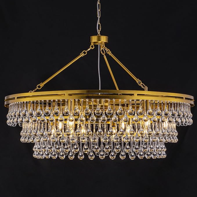 Wellmet 12 Light Large Crystal Chandelier, 38in Brass Gold Round Modern Luxury Raindrop Ceiling Light for Dining Room, Living Room， Bedroom, Kitchen, Entryway, Hallway, Staircase, Foyer