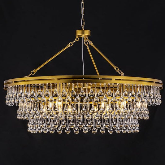 Wellmet 12 Light Large Crystal Chandelier, 38in Brass Gold Round Modern Luxury Raindrop Ceiling Light for Dining Room, Living Room， Bedroom, Kitchen, Entryway, Hallway, Staircase, Foyer