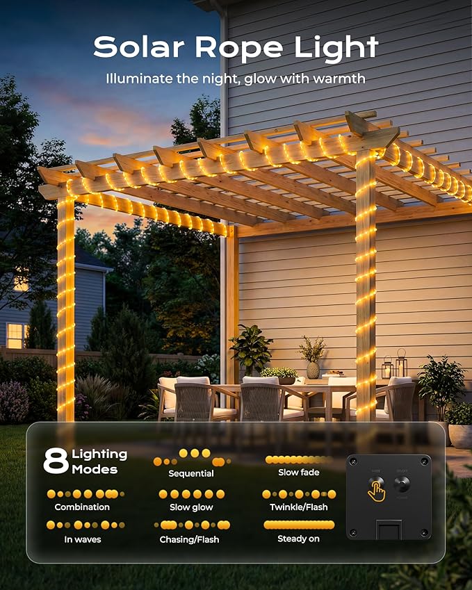 Brightown Solar Rope Lights, 4 Pack 39FT 100 LED Warm White Solar String Lights Outdoor, IP65 Waterproof Solar Powered Fairy Lights with 8 Lighting Modes for Yard Garden Patio Tree Decoration