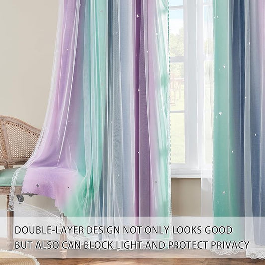 XiDi Purple Grey Green Short Curtains for Girls Bedroom 2 Panels Set, Rainbow Blackout Curtains for Kids Room Decor, Unicorn Wall Decals Drapes for Little Girl Nursery 45 Inches Long 52 Inches Wide