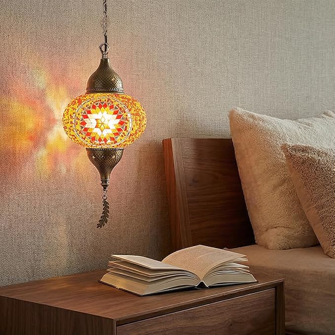 Turkish Moroccan Mosaic Pendant Light - Handcrafted Tiffany Style Swag Lamp with 15ft Cord, Vintage Glass Ceiling Fixture for Mediterranean Decor (Red1)
