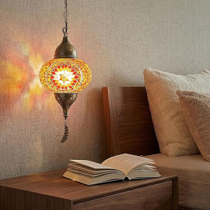 Turkish Moroccan Mosaic Pendant Light - Handcrafted Tiffany Style Swag Lamp with 15ft Cord, Vintage Glass Ceiling Fixture for Mediterranean Decor (Red1)